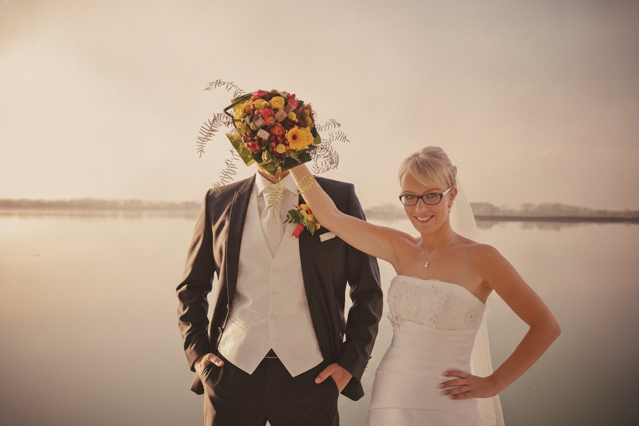 Brautpaar am See, sie hält den Blumenstrauss lachend vor sein Gesicht