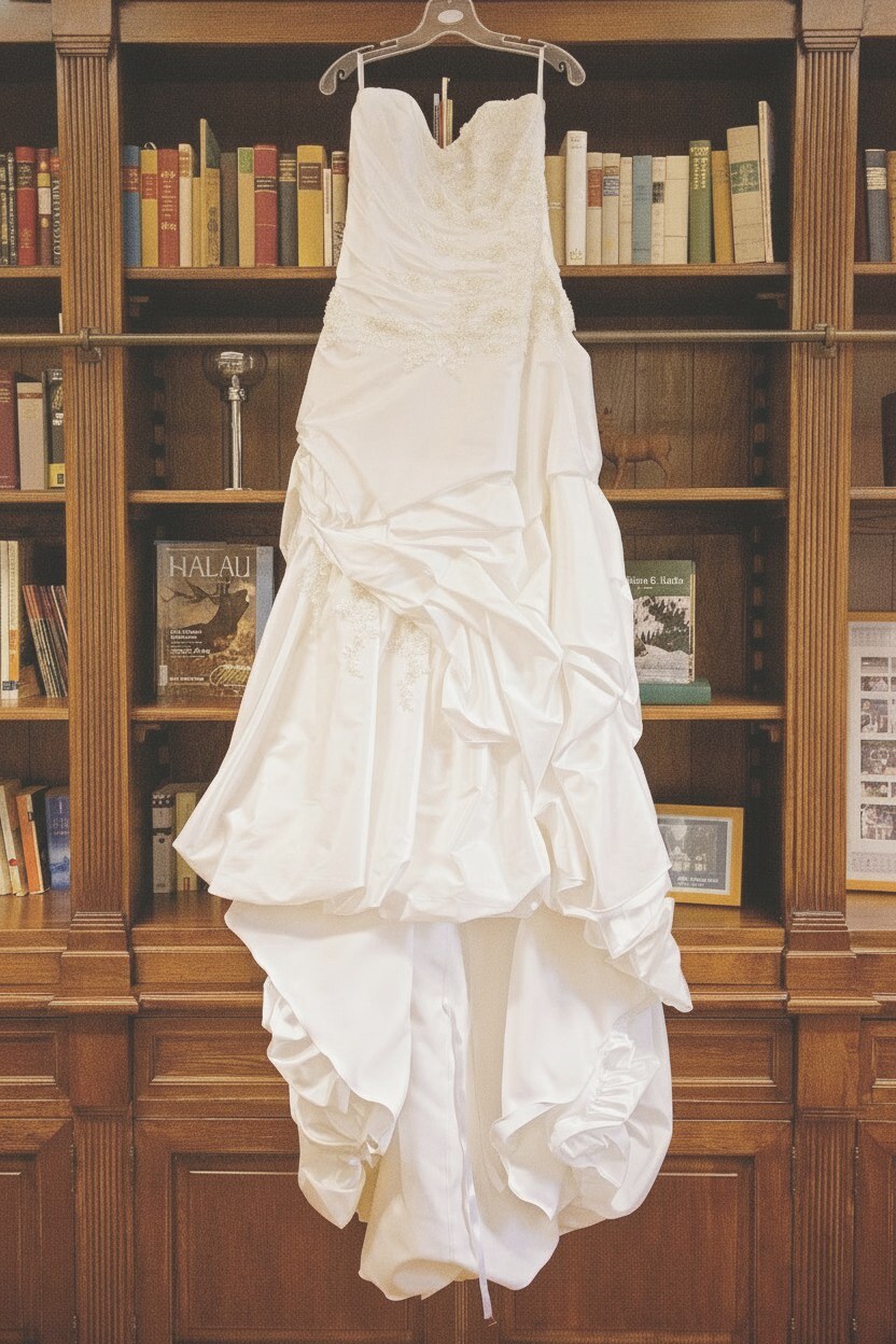 Das Brautkleid hängt am Morgen der Hochzeit vor einem Bücherregal